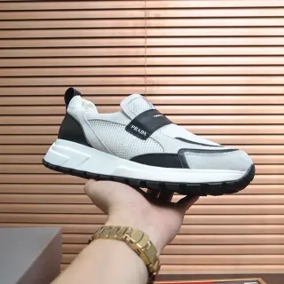 Prada White Black Slip-On Mesh-Suede Hybrid Sneakers