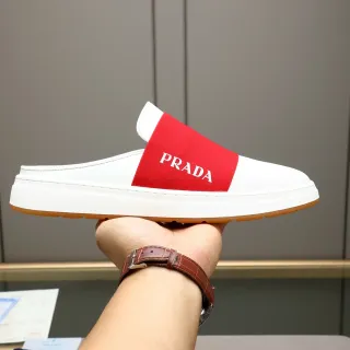 Prada White Red Slip-On Mule Elastic Logo Band Casual Shoes