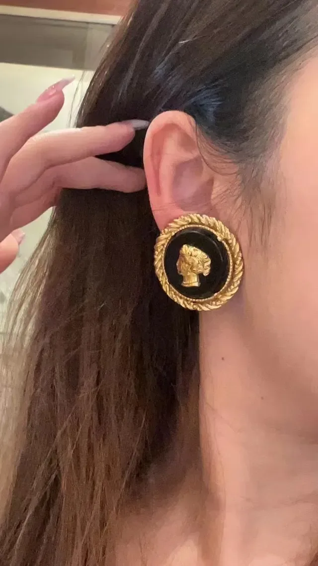 Saint Laurent Medallion Black Gold Circular Classical Profile Bust Earrings 2