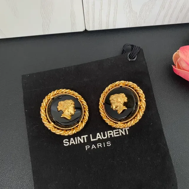 Saint Laurent Medallion Black Gold Circular Classical Profile Bust Earrings 5