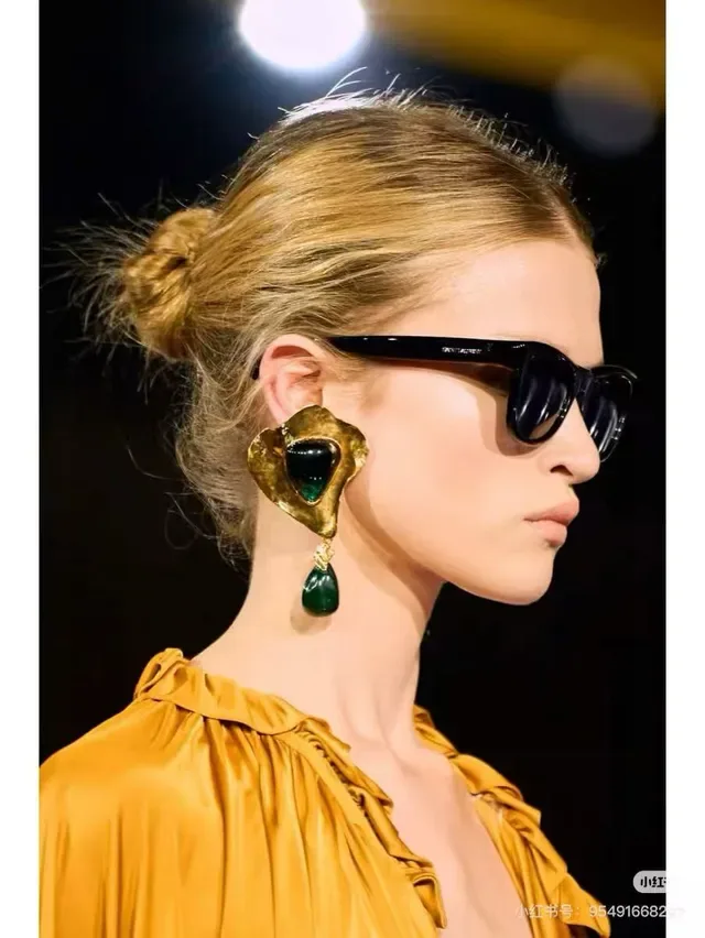 Saint Laurent Sculptural Gold-Tone Green Stone Drop Earrings 3