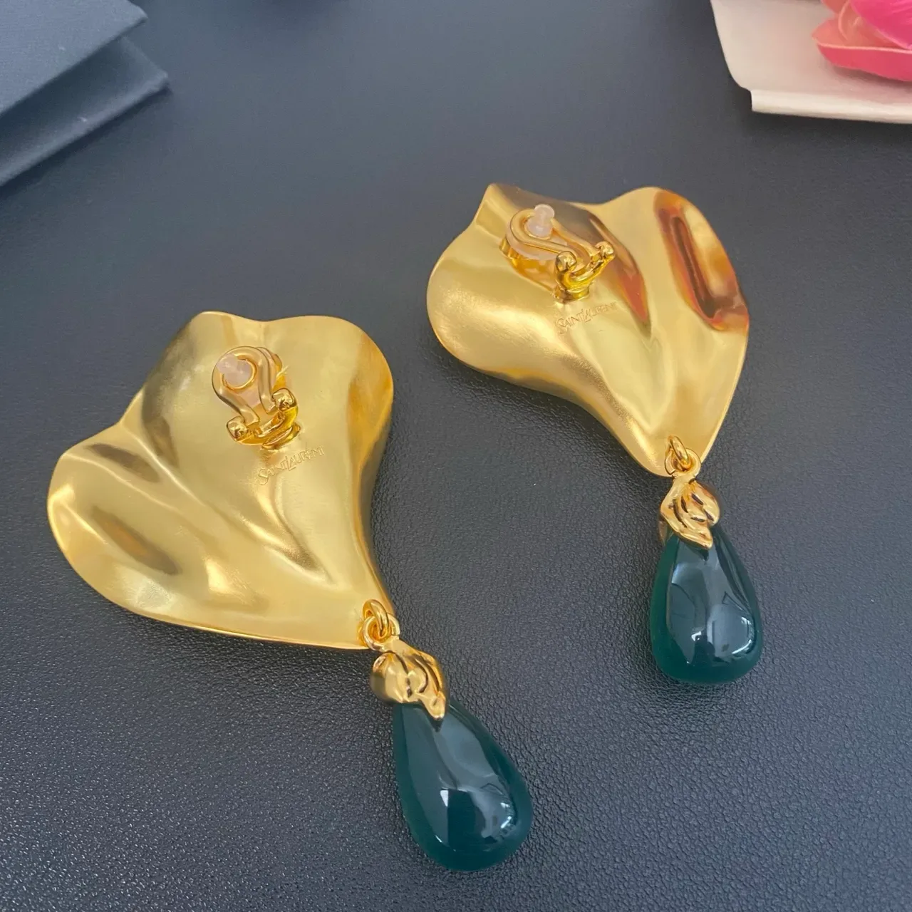 Saint Laurent Sculptural Gold-Tone Green Stone Drop Earrings 4