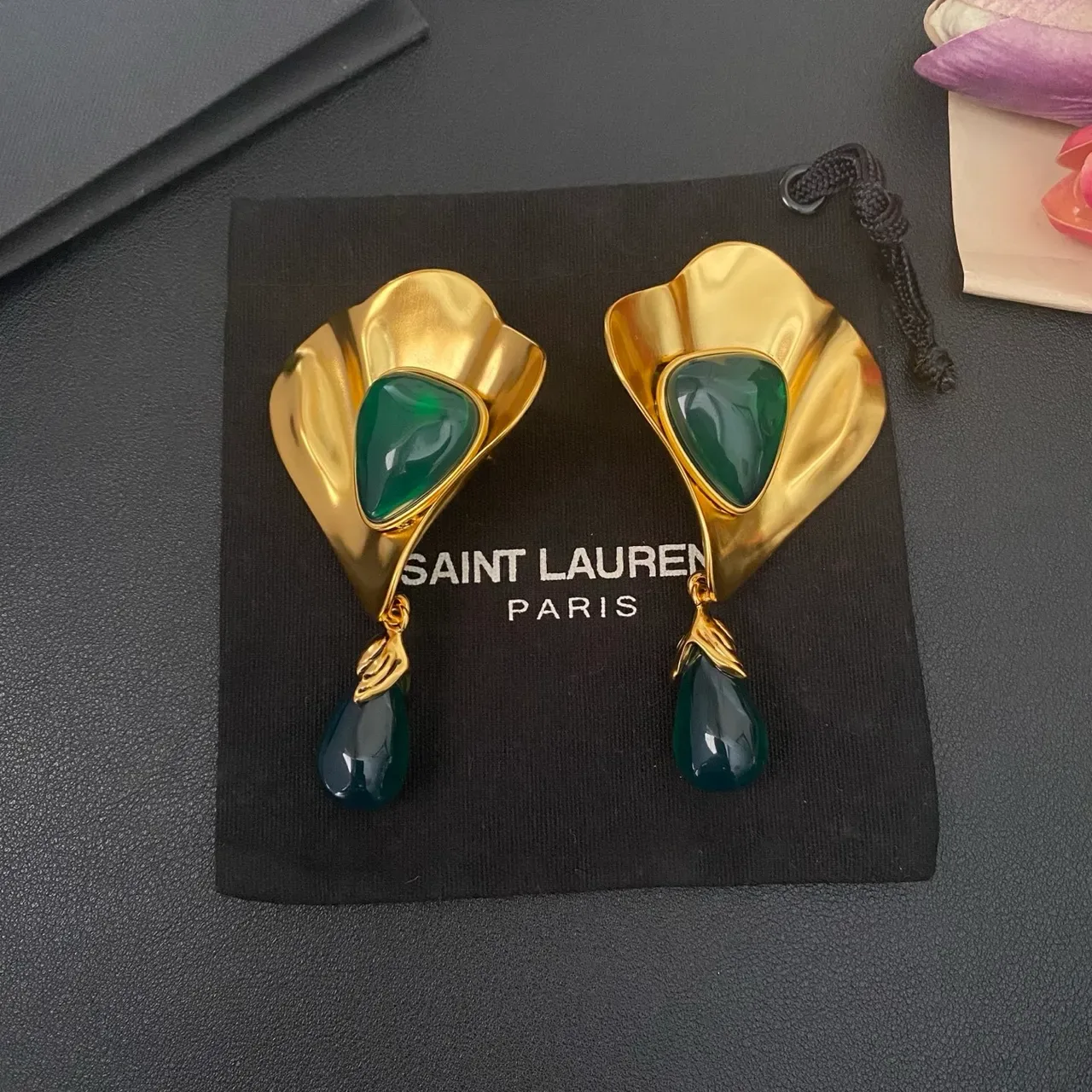 Saint Laurent Sculptural Gold-Tone Green Stone Drop Earrings 5