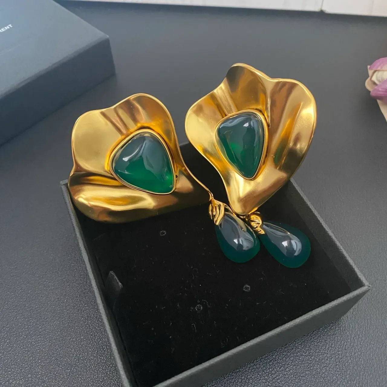Saint Laurent Sculptural Gold-Tone Green Stone Drop Earrings 6