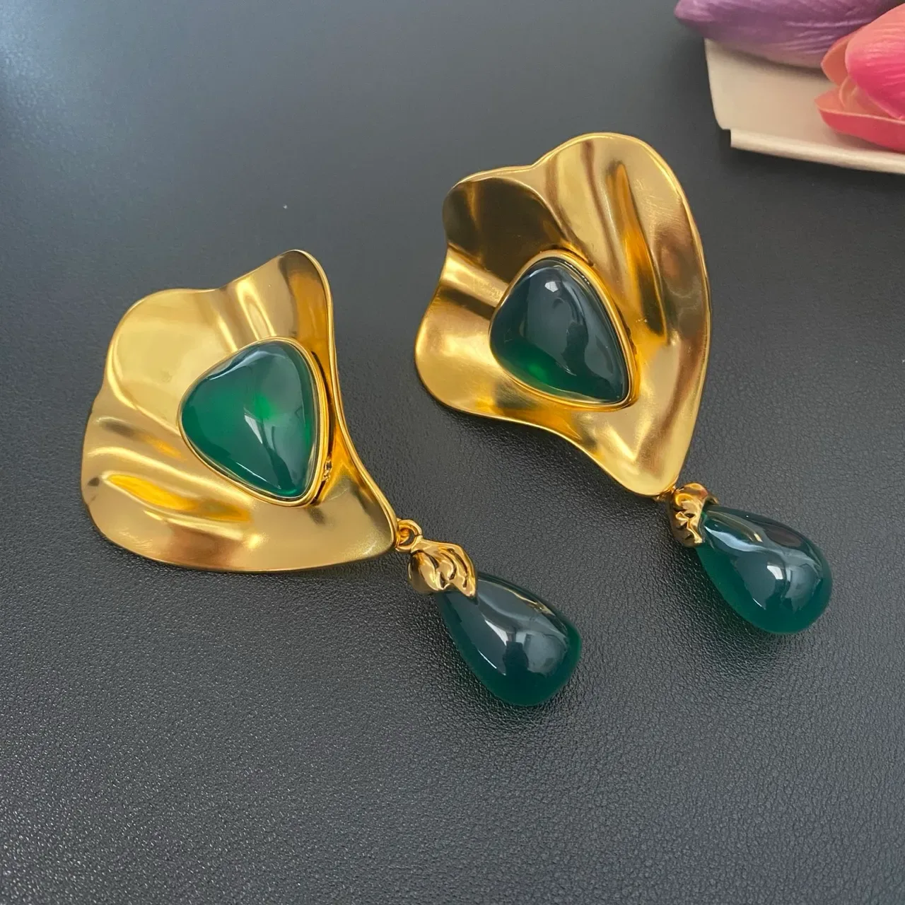 Saint Laurent Sculptural Gold-Tone Green Stone Drop Earrings 7