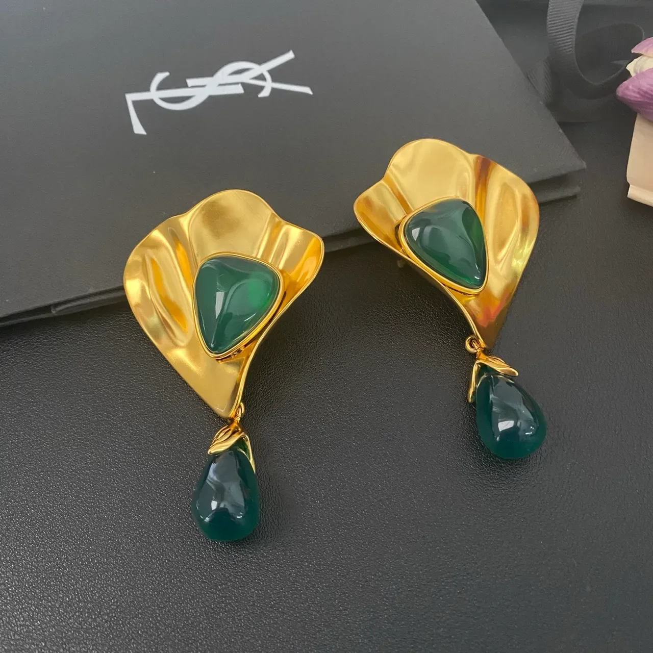 Saint Laurent Sculptural Gold-Tone Green Stone Drop Earrings 9