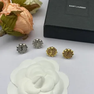 सेंट लॉरेंट YSL Monogram Stud चाँदी सोना गोलाकार Pavé क्रिस्टल