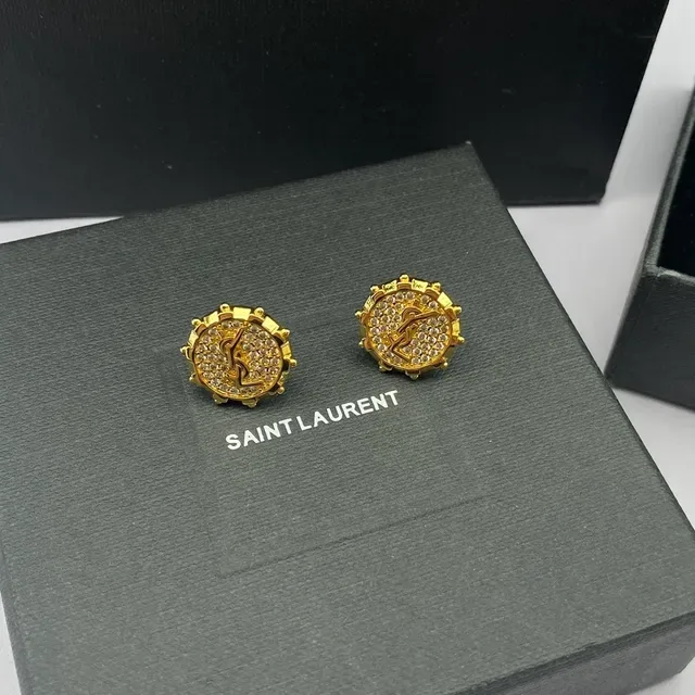 Saint Laurent YSL Monogram Stud Prata Dourado Circulares Pavé Cristal 4