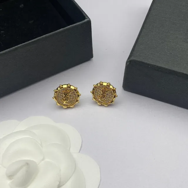 Saint Laurent YSL Monogram Stud Prata Dourado Circulares Pavé Cristal 6