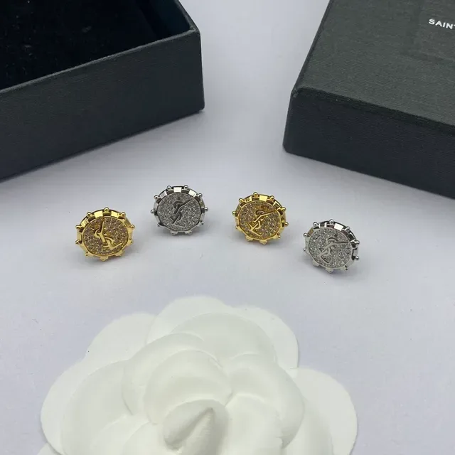 Saint Laurent YSL Monogram Stud Prata Dourado Circulares Pavé Cristal 7