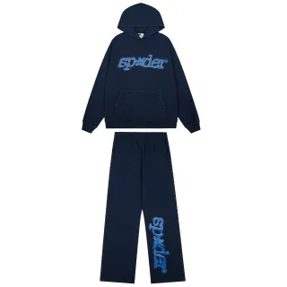 Sp5der Navy Blue Studded Trim Distressed Logo Print Tracksuit