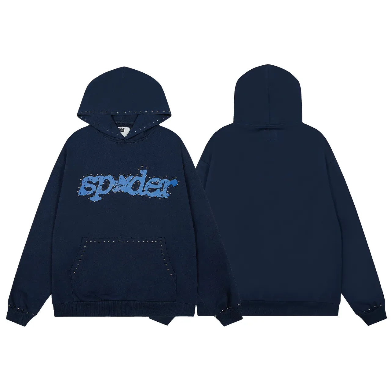 Sp5der Navy Blue Studded Trim Distressed Logo Print Tracksuit 7
