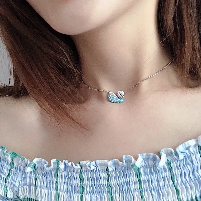 Swarovski Cisne Pavé Cristal Turquesa e Transparente Colar 4