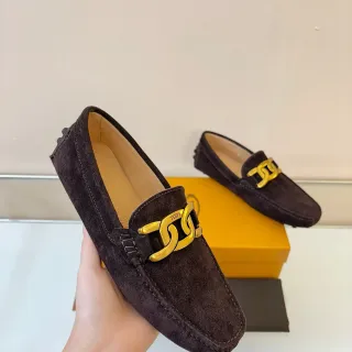 Tod's Horsebit Loafer Brown Gold Suede Upper Chain-Link Loafer