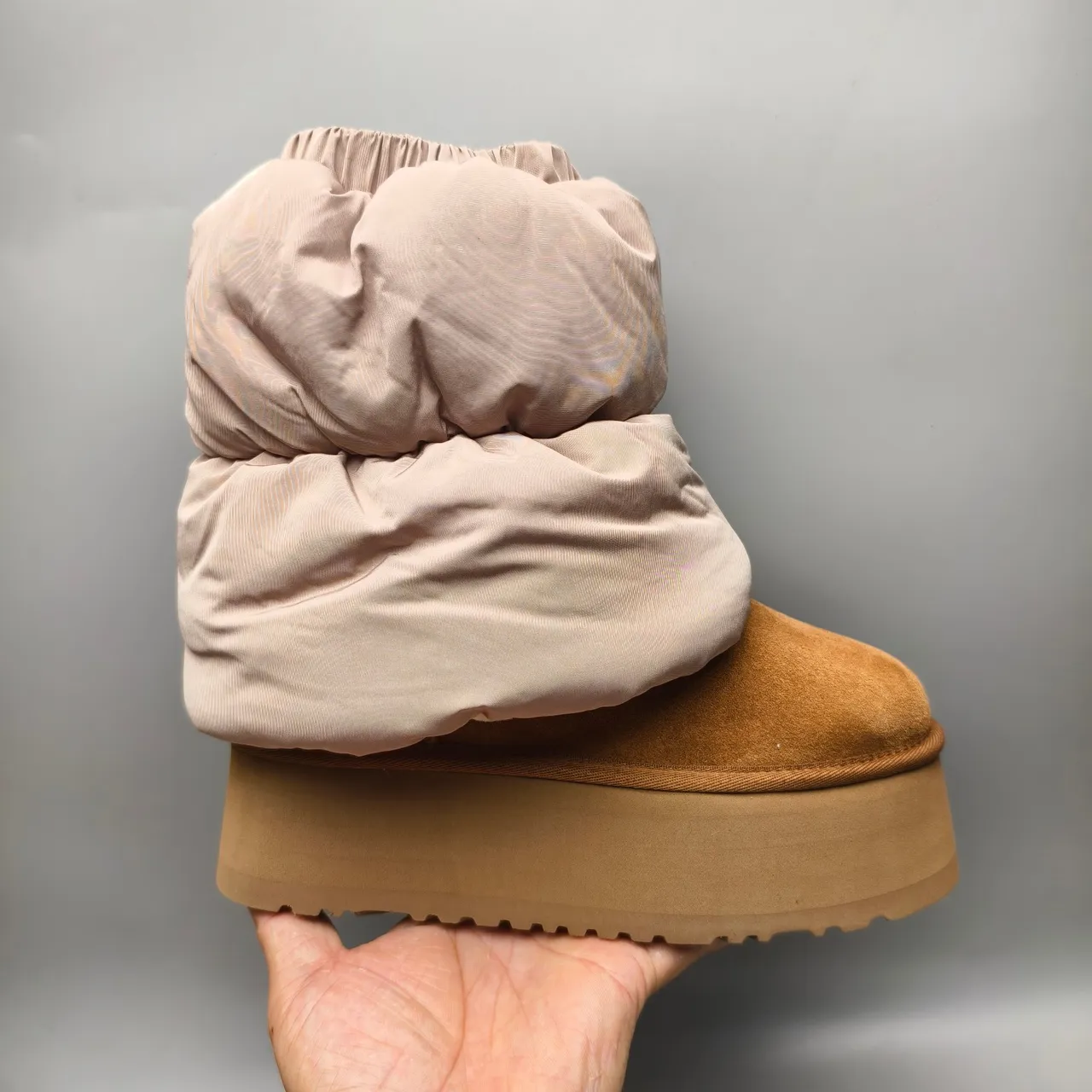 UGG Beige Brown Platform Sole Gathered Fabric Shaft Snow Boots 2