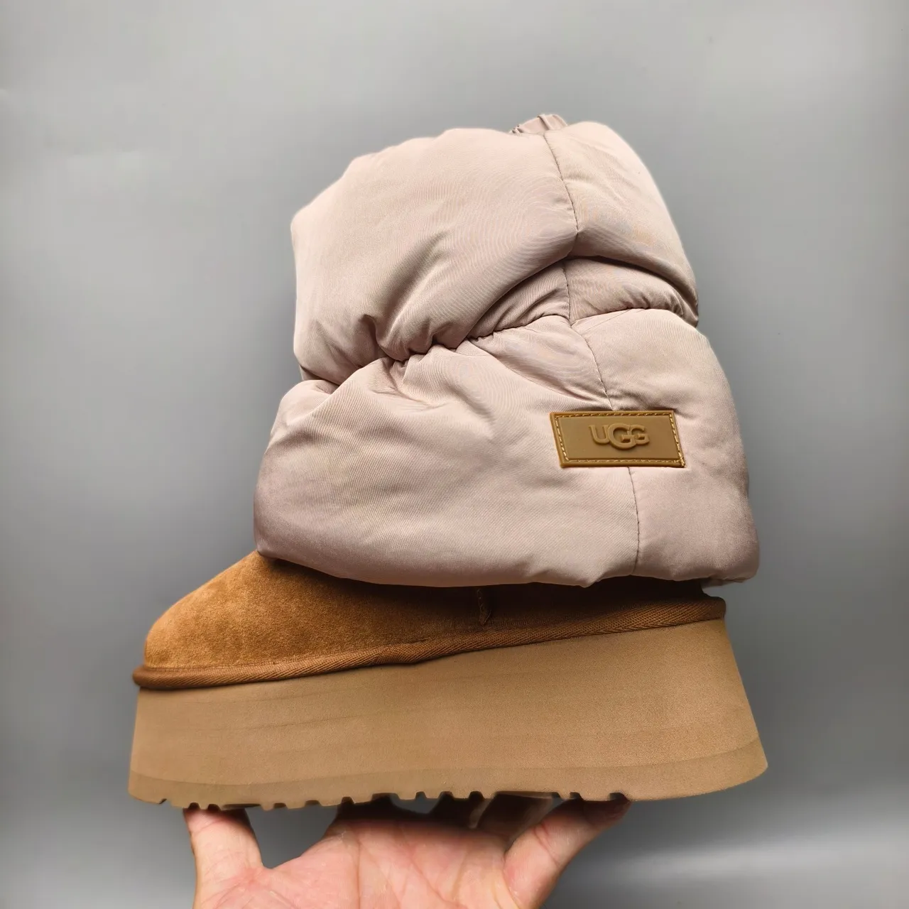 UGG Beige Brown Platform Sole Gathered Fabric Shaft Snow Boots 4