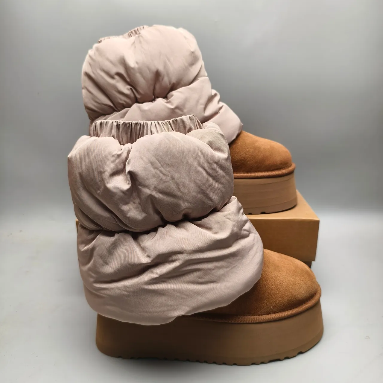 UGG Beige Brown Platform Sole Gathered Fabric Shaft Snow Boots 5