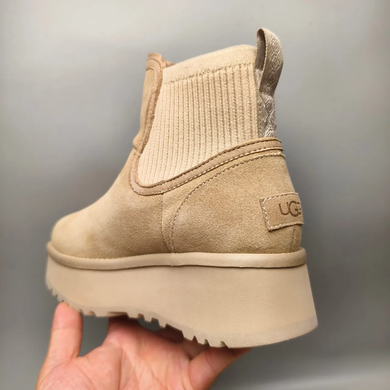 UGG Beige Suede Upper Ribbed Knit Collar Chelsea Boots 4