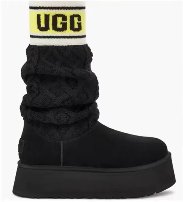 UGG क्लासिक काली पीली प्लेटफॉर्म सोल रुच्ड निट लेज वॉर्मर घुटने की बूट 2