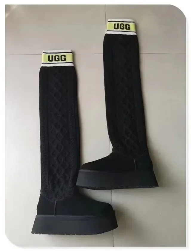 UGG क्लासिक काली पीली प्लेटफॉर्म सोल रुच्ड निट लेज वॉर्मर घुटने की बूट 4