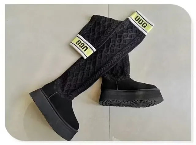 UGG क्लासिक काली पीली प्लेटफॉर्म सोल रुच्ड निट लेज वॉर्मर घुटने की बूट 6