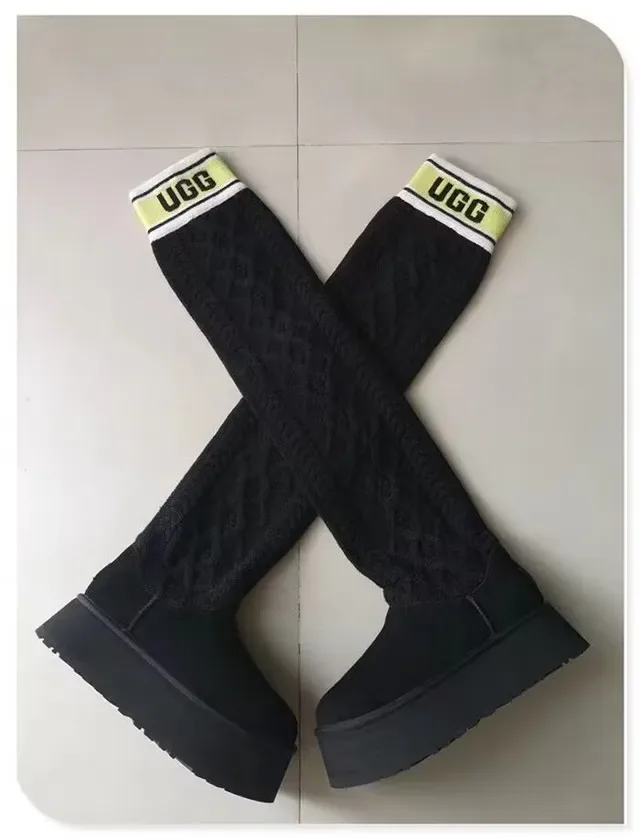 UGG क्लासिक काली पीली प्लेटफॉर्म सोल रुच्ड निट लेज वॉर्मर घुटने की बूट 9
