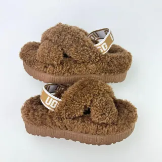 UGG Tasman Brown Fuzzy Cross-Strap Platform Slippers