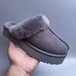 UGG Tasman Gray Suede Shearling-Lined Platform Slippers