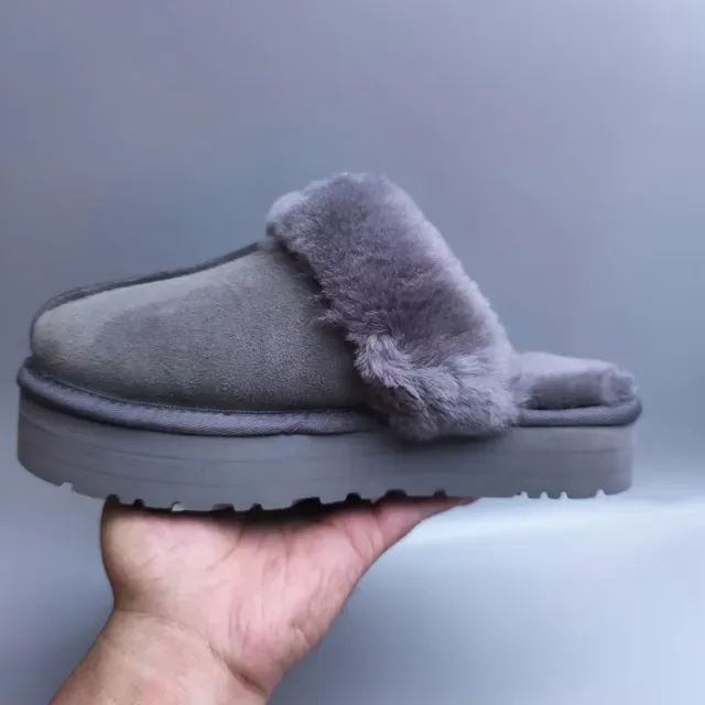 UGG Tasman Gray Suede Shearling-Lined Platform Slippers 2