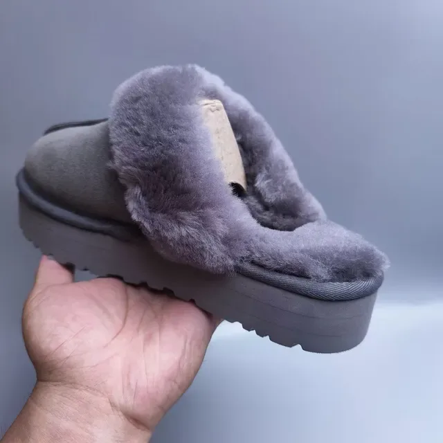 UGG Tasman Gray Suede Shearling-Lined Platform Slippers 3