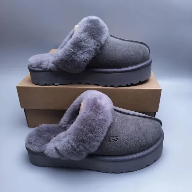 UGG Tasman Gray Suede Shearling-Lined Platform Slippers 4