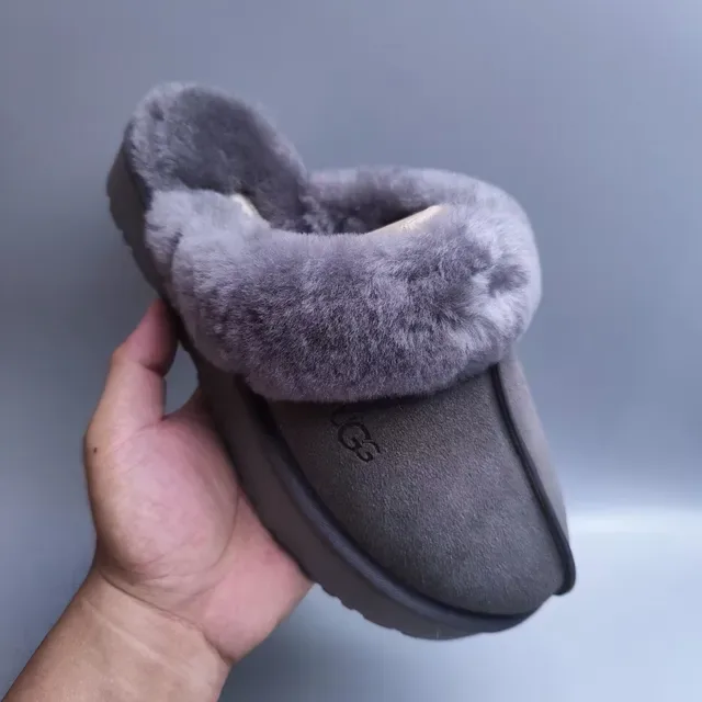 UGG Tasman Gray Suede Shearling-Lined Platform Slippers 5