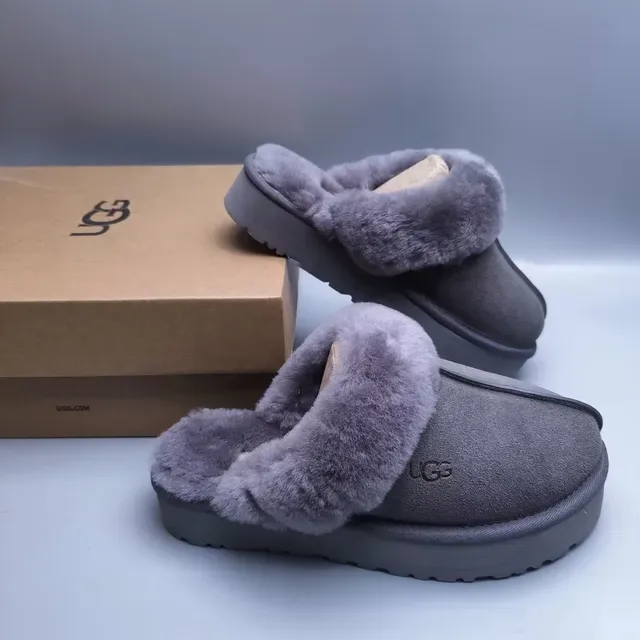 UGG Tasman Gray Suede Shearling-Lined Platform Slippers 7