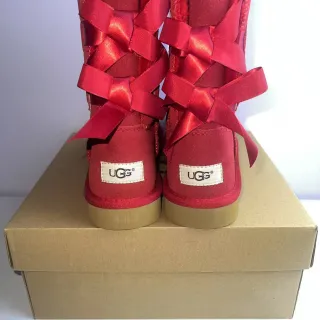 UGG Tasman Red Beige Suede-Like Upper Satin Ribbon Crisscross Lacing Snow Boots