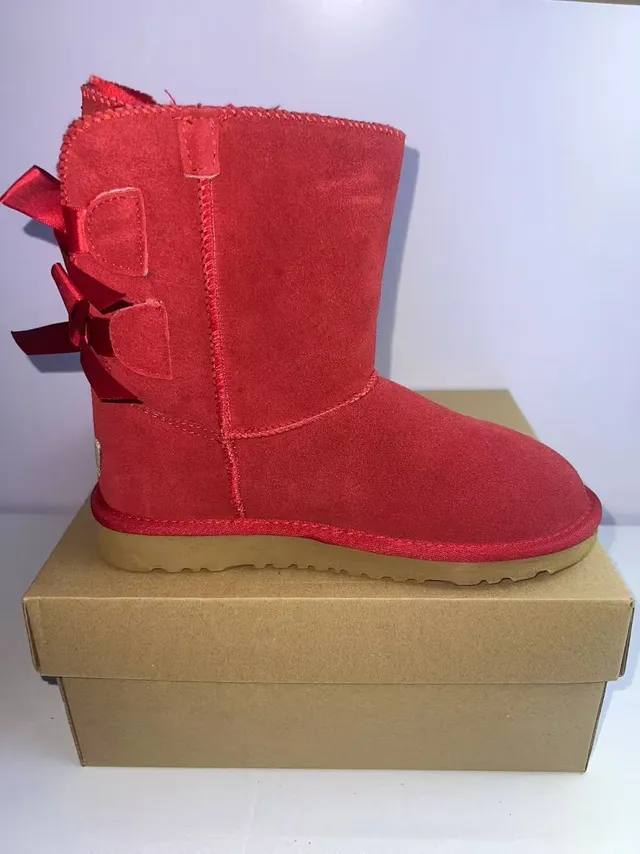 UGG Tasman Red Beige Suede-Like Upper Satin Ribbon Crisscross Lacing Snow Boots 3