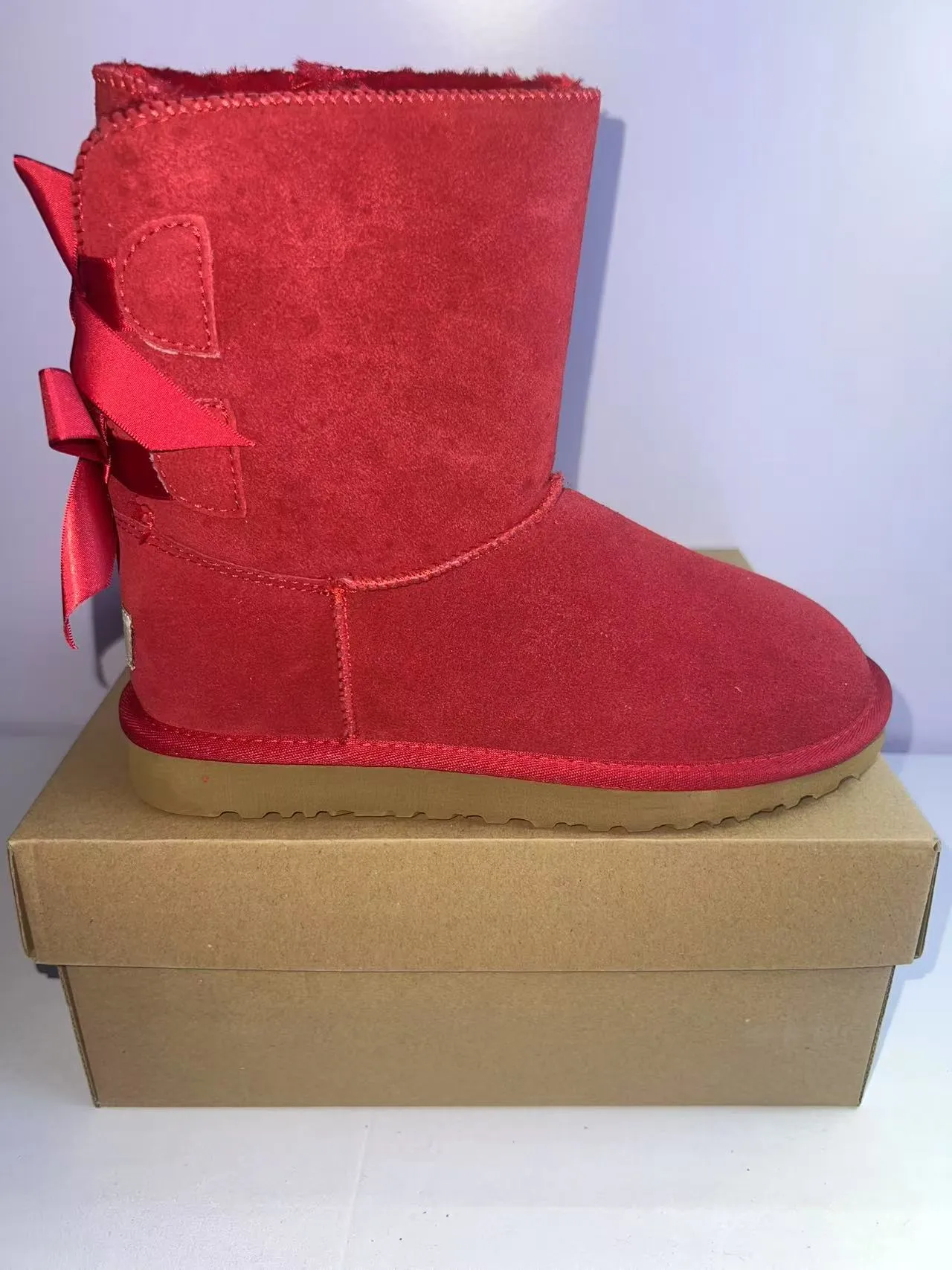 UGG Tasman Red Beige Suede-Like Upper Satin Ribbon Crisscross Lacing Snow Boots 4