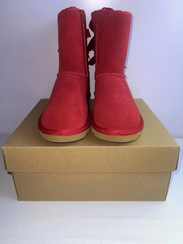 UGG Tasman Red Beige Suede-Like Upper Satin Ribbon Crisscross Lacing Snow Boots 5