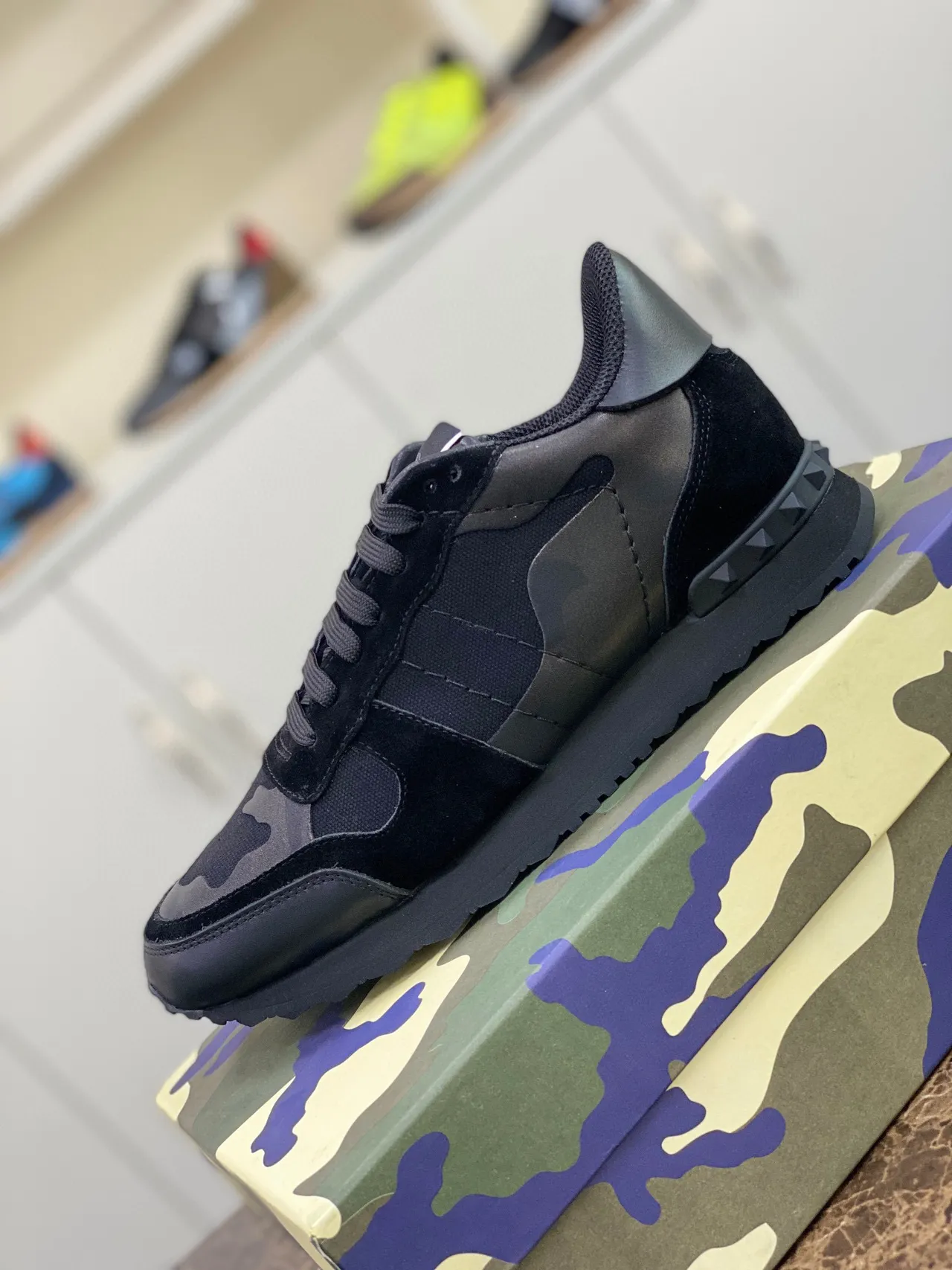 Valentino Black Army Green Camouflage Paneling Pyramid Stud Detailing Lifestyle Sneakers 2
