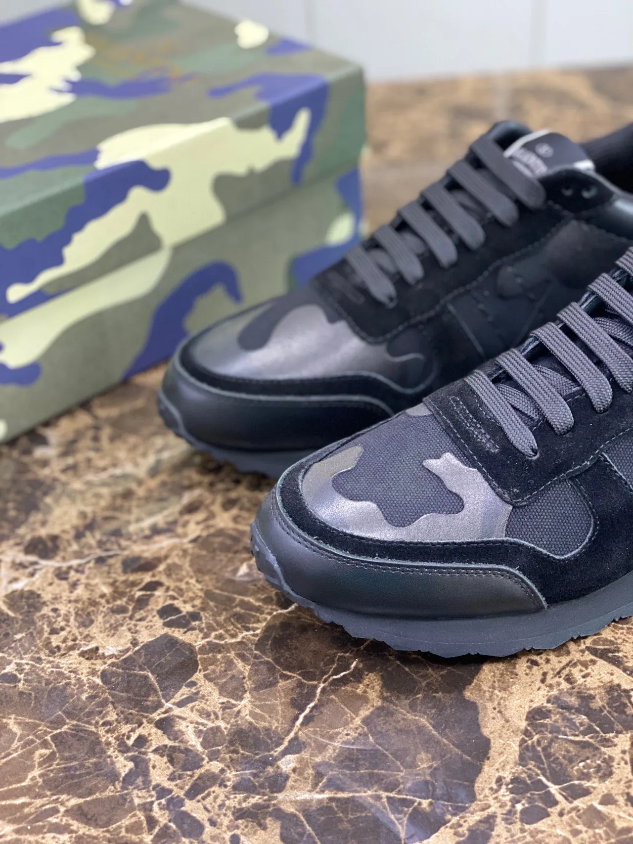 Valentino Black Army Green Camouflage Paneling Pyramid Stud Detailing Lifestyle Sneakers 3