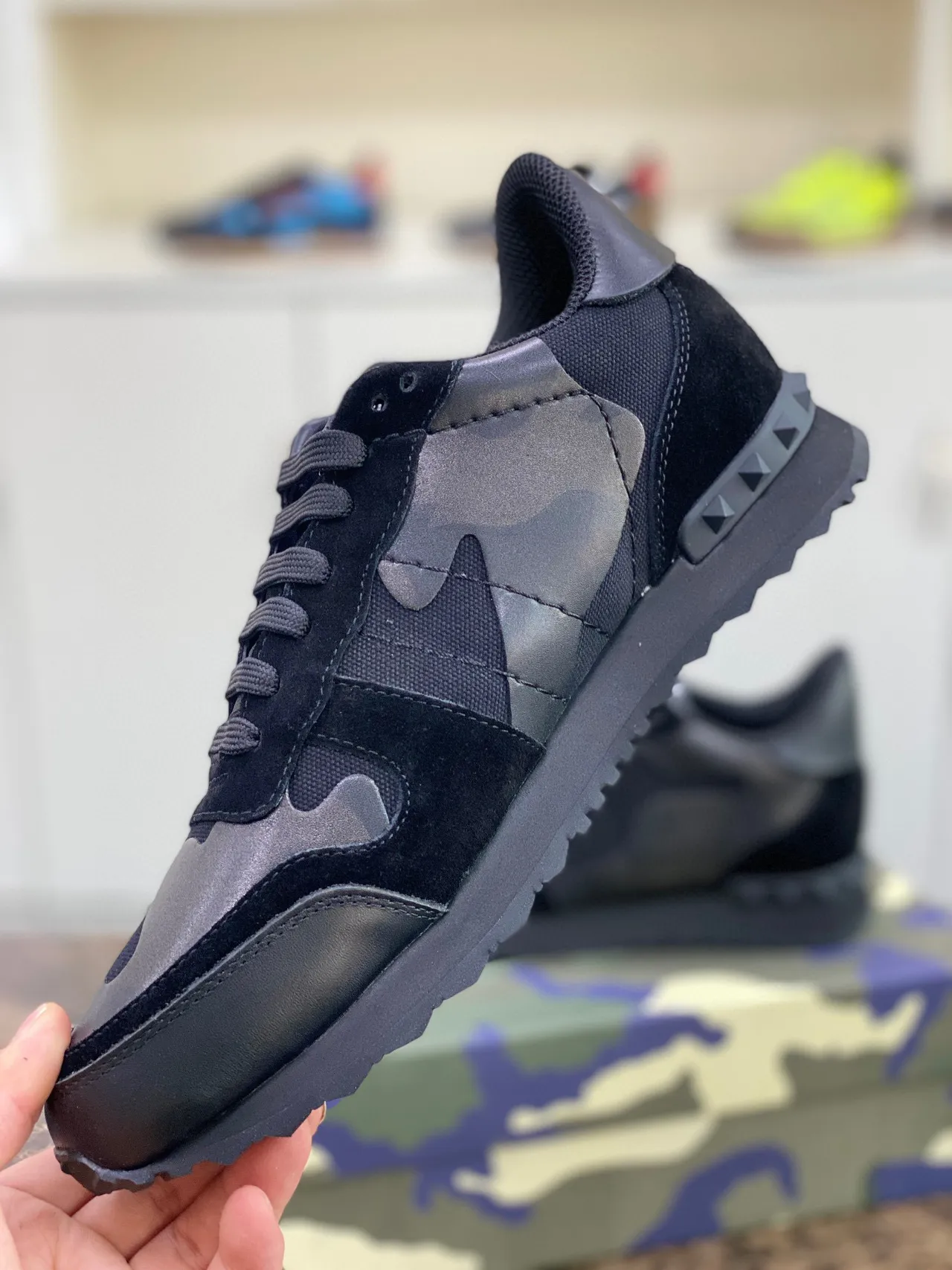 Valentino Black Army Green Camouflage Paneling Pyramid Stud Detailing Lifestyle Sneakers 4
