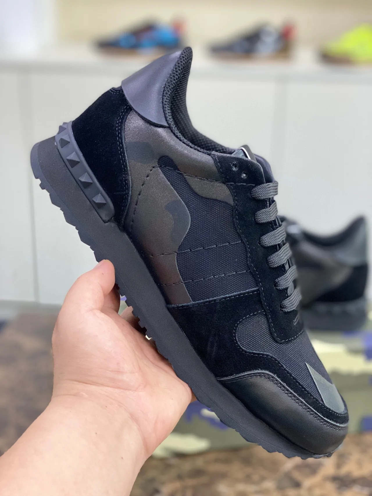 Valentino Black Army Green Camouflage Paneling Pyramid Stud Detailing Lifestyle Sneakers 5