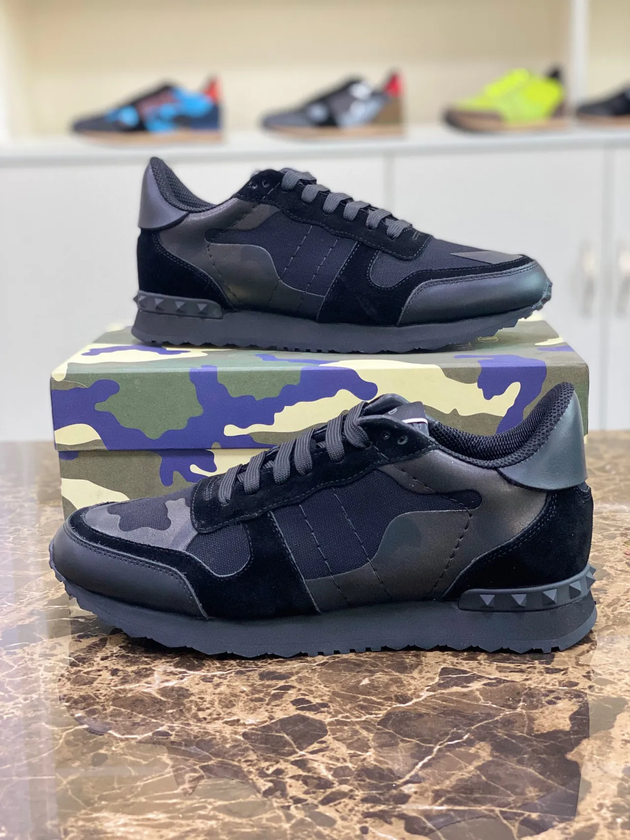 Valentino Black Army Green Camouflage Paneling Pyramid Stud Detailing Lifestyle Sneakers 6