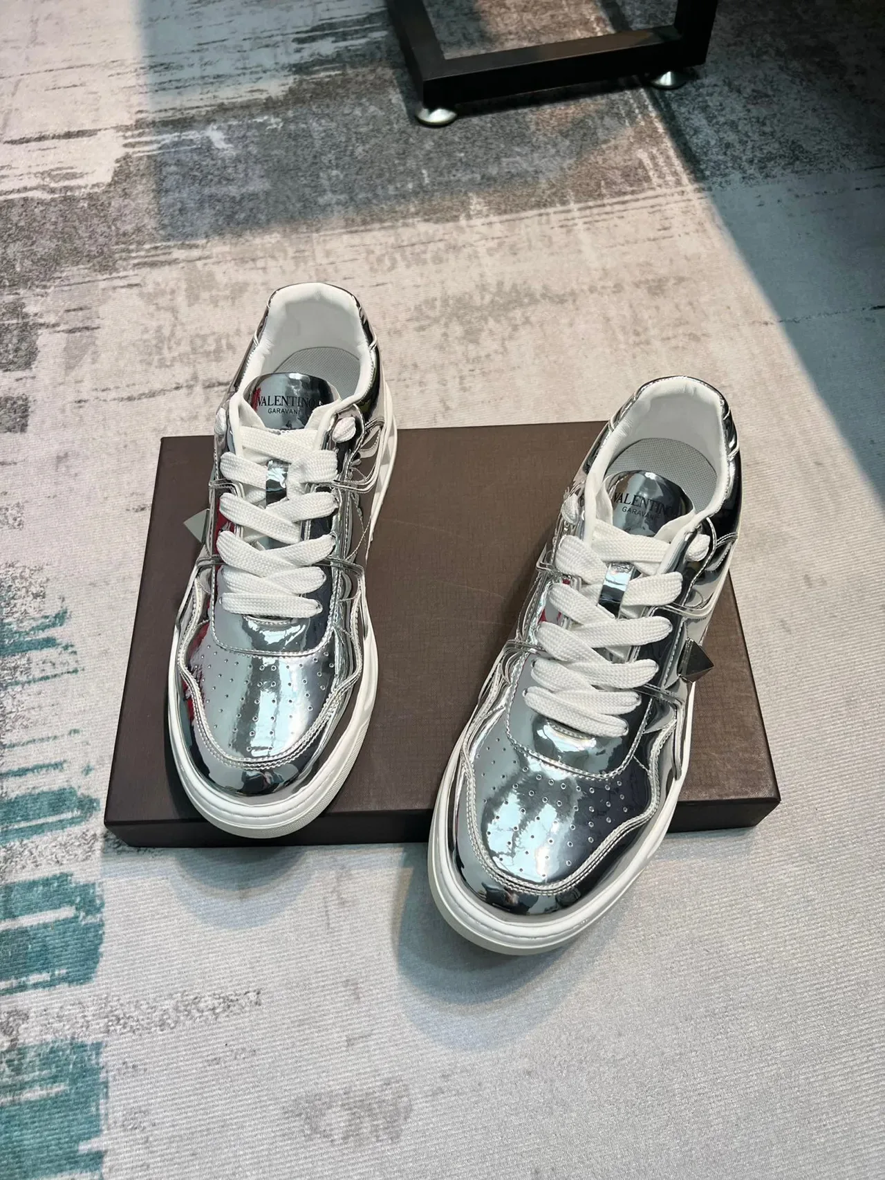 Valentino Rockstud Runner Silver White Metallic Upper Sculpted Geometric Sole Chunky Sneakers 5