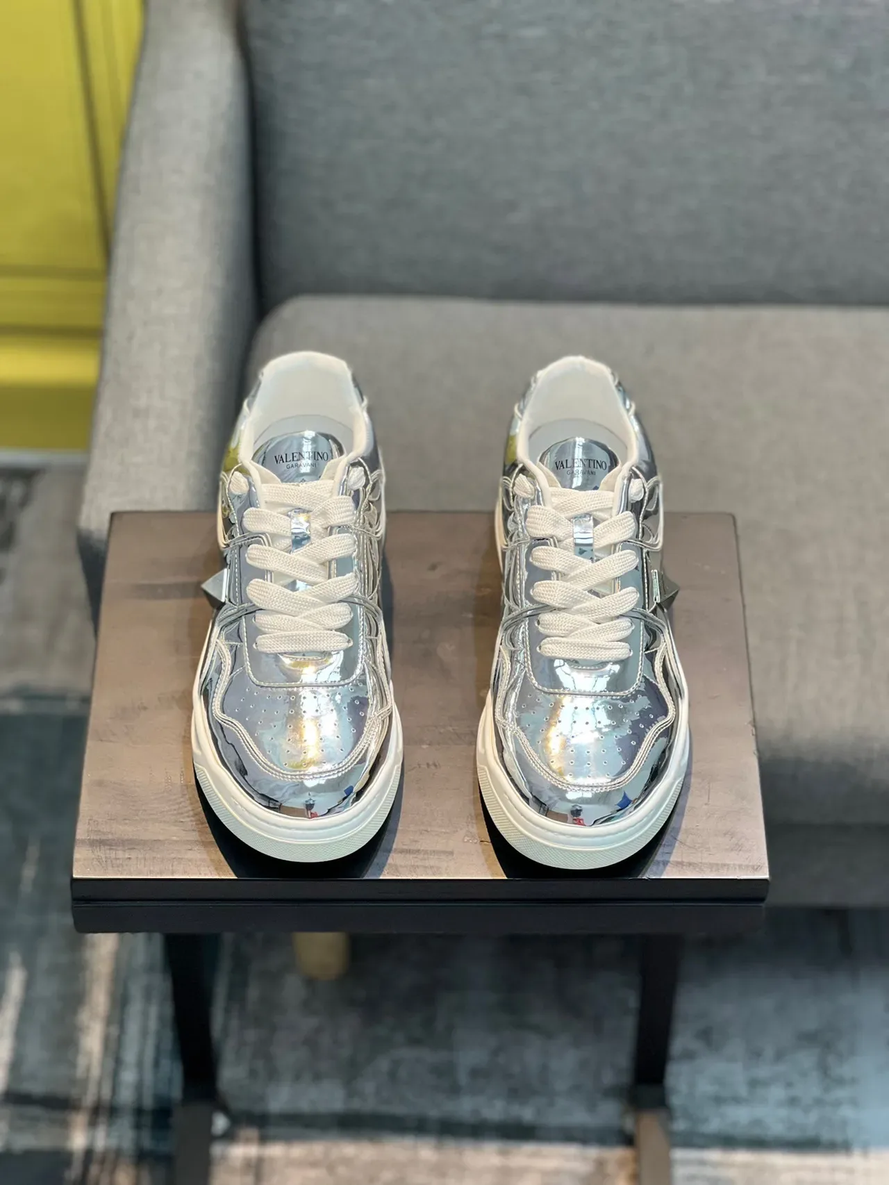 Valentino Rockstud Runner Silver White Metallic Upper Sculpted Geometric Sole Chunky Sneakers 6