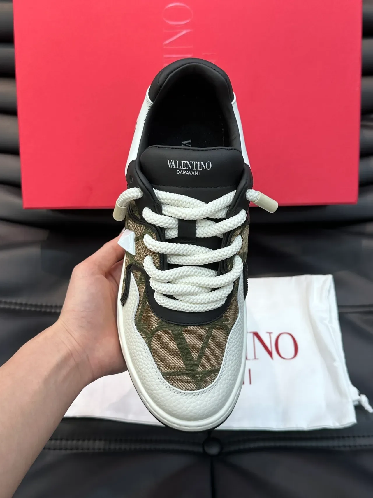 Valentino Rockstud V-Logo Olive Green White Black Chunky Sneakers 4