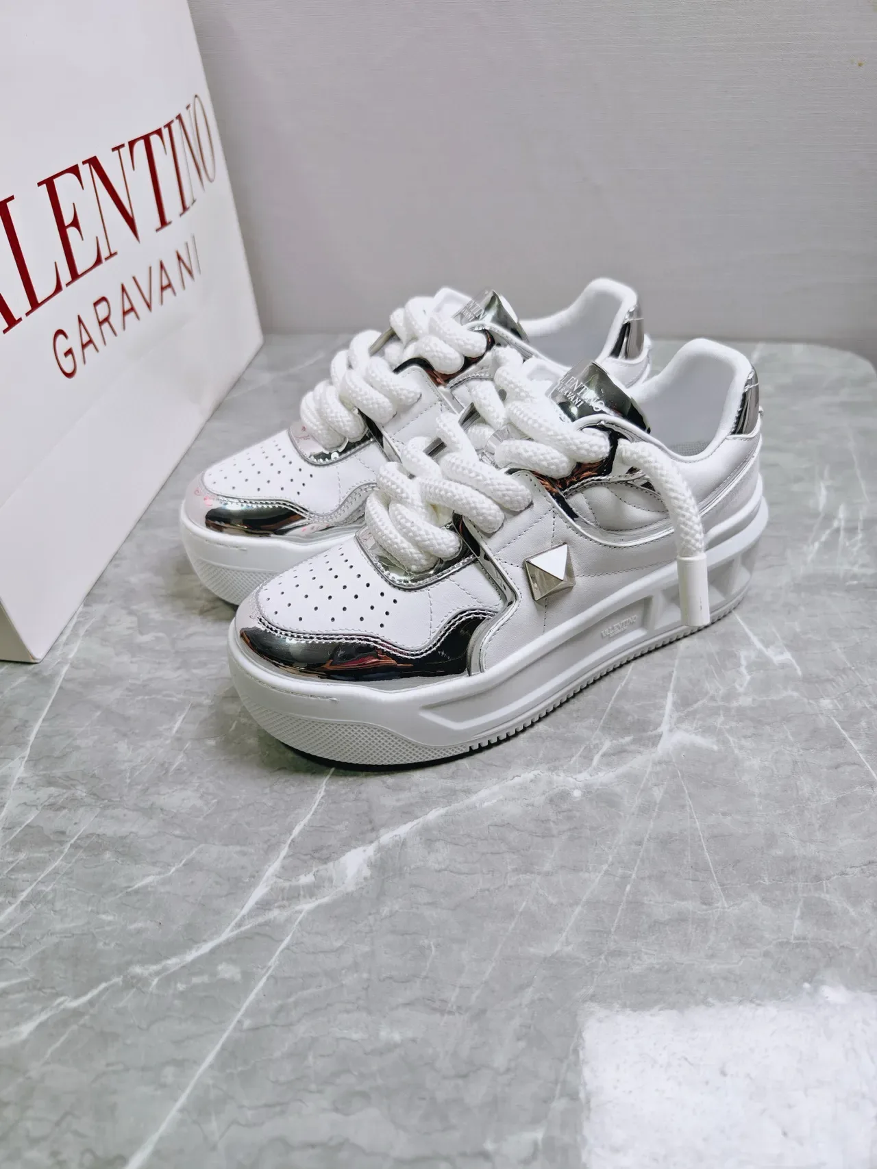 Valentino Rockstud White and Silver Metallic Lifestyle Sneakers 2