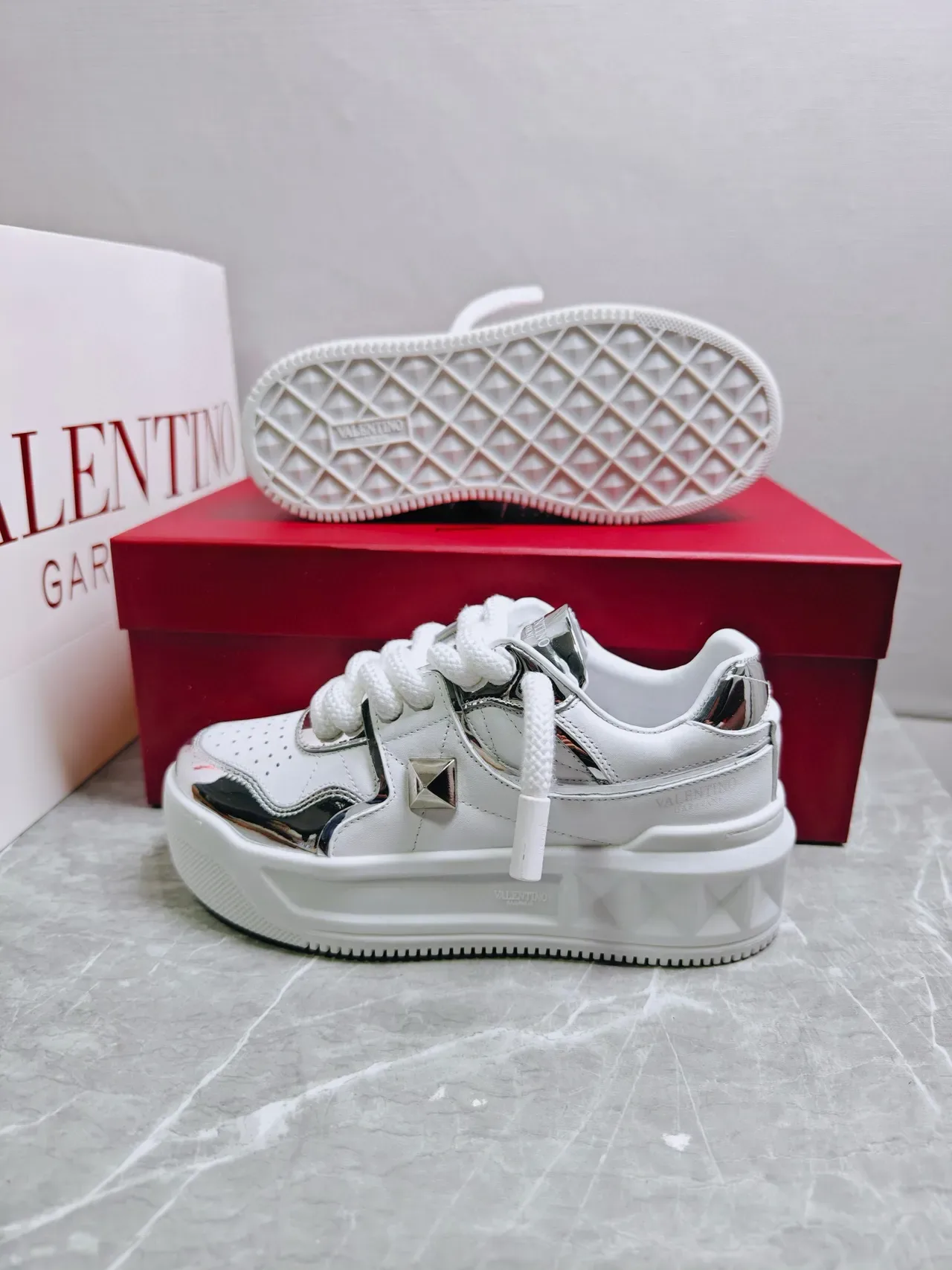 Valentino Rockstud White and Silver Metallic Lifestyle Sneakers 3