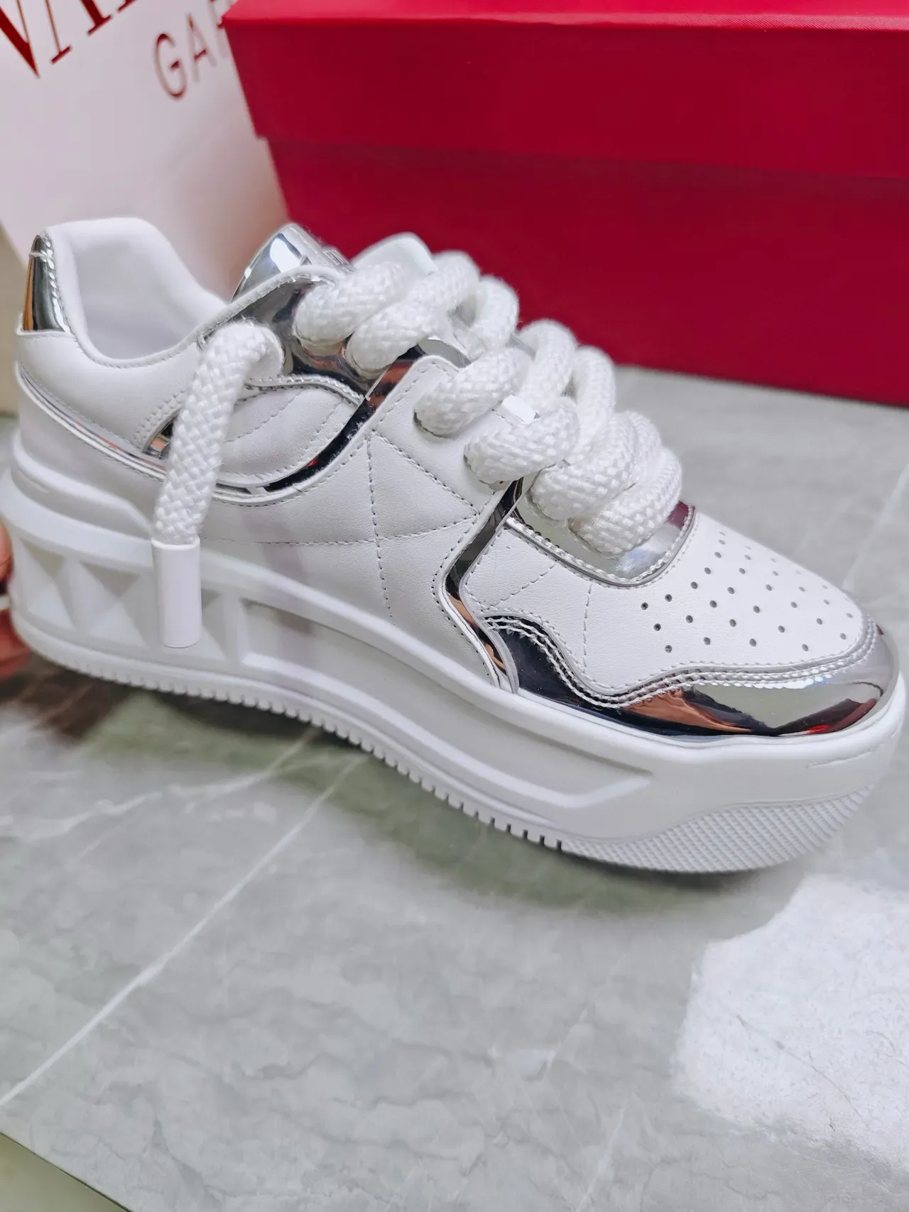 Valentino Rockstud White and Silver Metallic Lifestyle Sneakers 4