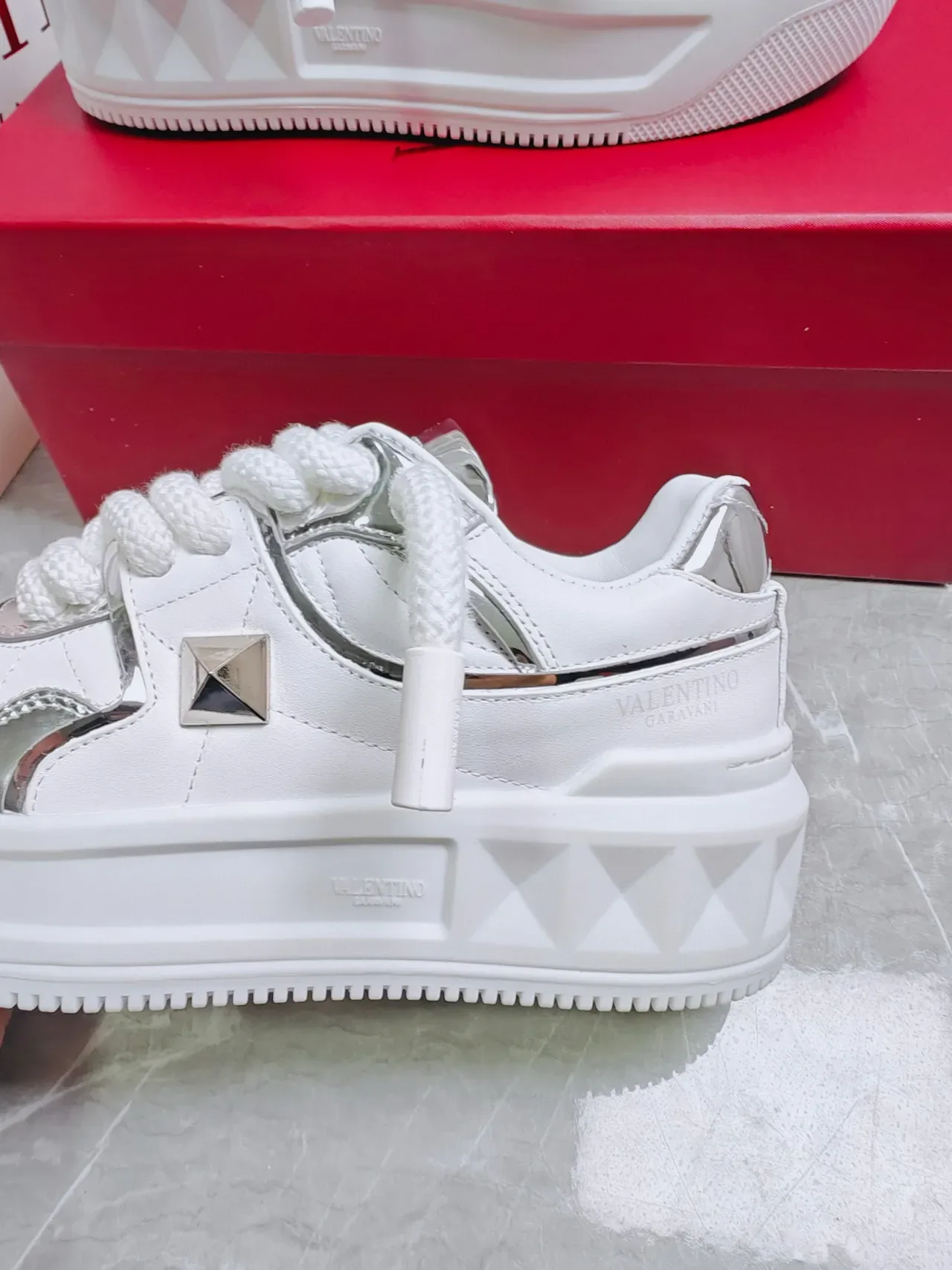 Valentino Rockstud White and Silver Metallic Lifestyle Sneakers 5