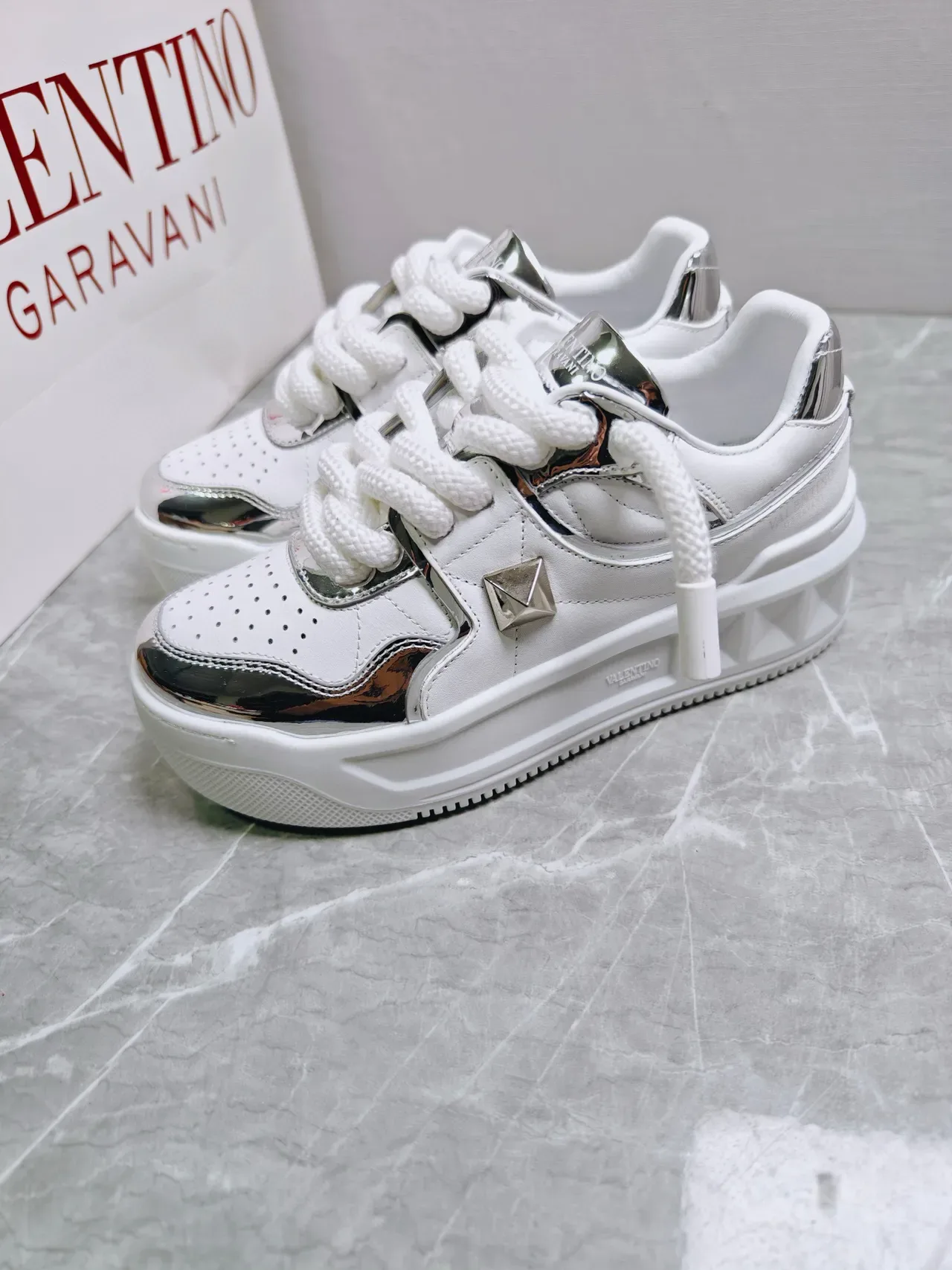 Valentino Rockstud White and Silver Metallic Lifestyle Sneakers 6